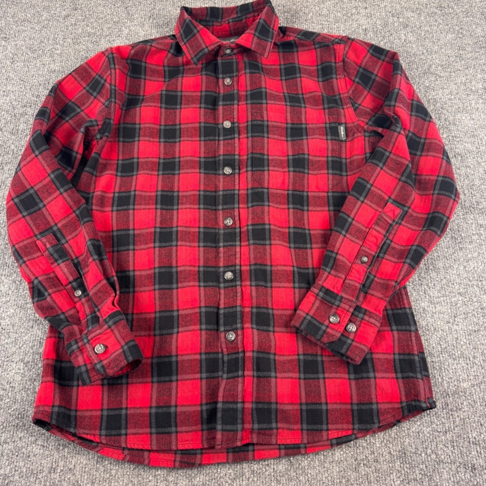 Eddie Bauer Flannel Shirt Mens Small Red Black Excellent Buffalo Plaid Cotton